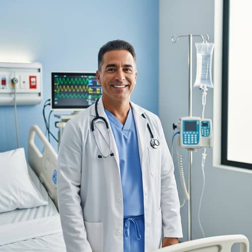 Middle-Aged Man Grinning in Healthcare Setting