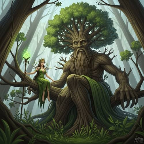 Mystical Forest Royal Scene: Dryad Queen in Treefolk King's Branches