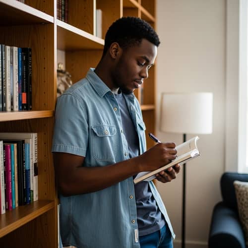 Young Black Man Writing First Book at Home Office | Inspiring Scene