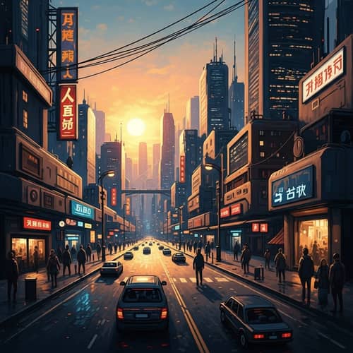 Futuristic Cityscape at Sunset: Cyberpunk Beauty & Dynamic Energy