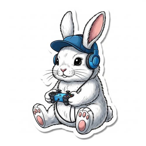 Hand-Drawn Cool White Rabbit Gaming Sticker - Unique Die-Cut Design