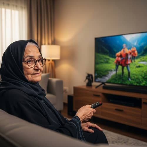 Middle-Eastern Elderly Woman in Modern Living Room with Large TV