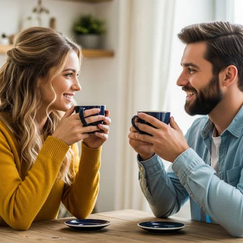 Happy Caucasian Couple Enjoying Coffee with Oversized Cups