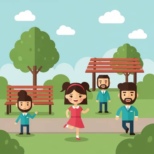 Geometric Illustration of Running Girl in Duolingo Style Park Scene