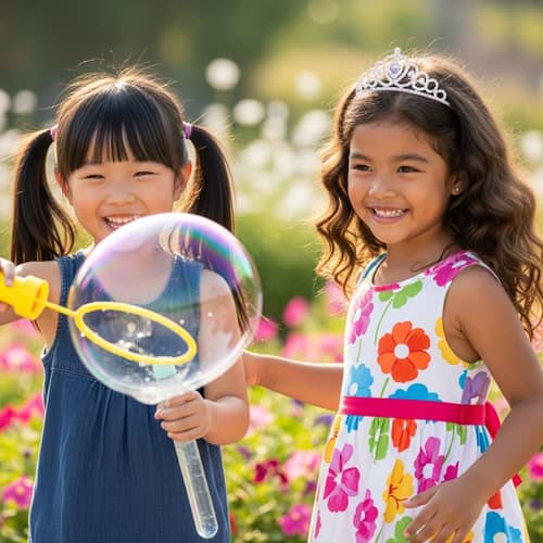 Innocence and Joy: Young Asian Girls with Giant Bubbles
