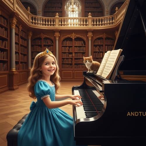 Seven-Year-Old Princess Playing Grand Piano in Baroque Fantasy Setting