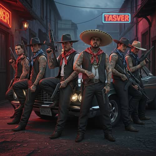 Hispanic Gangsters with Weapons in Rustic Alley
