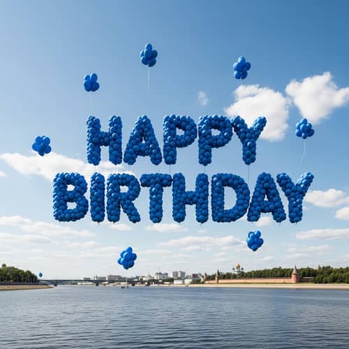 Happy Birthday Balloons Over Scenic River | Nizhny Novgorod