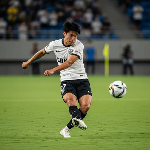 Athletic Soccer Player with Powerful Kick on Grass Field