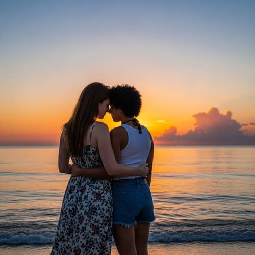 Beautiful Lesbian Couple at Sunset Beach