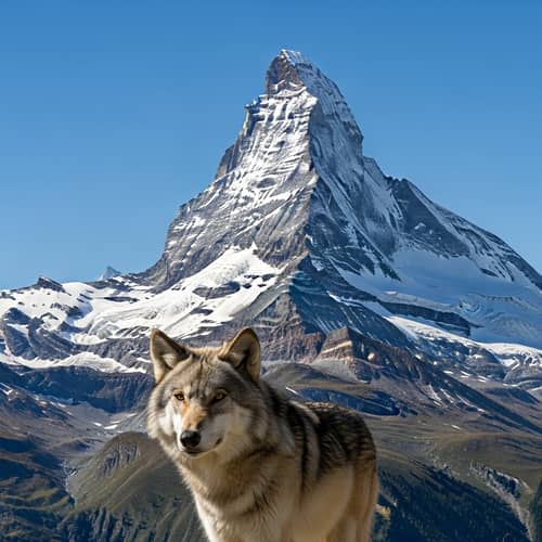 Majestic Wolf Standing in Front of Matterhorn