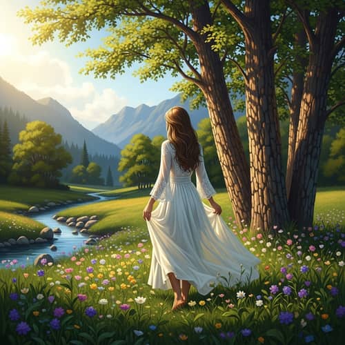 Elegant Caucasian Woman in Serene Meadow Among Vibrant Wildflowers
