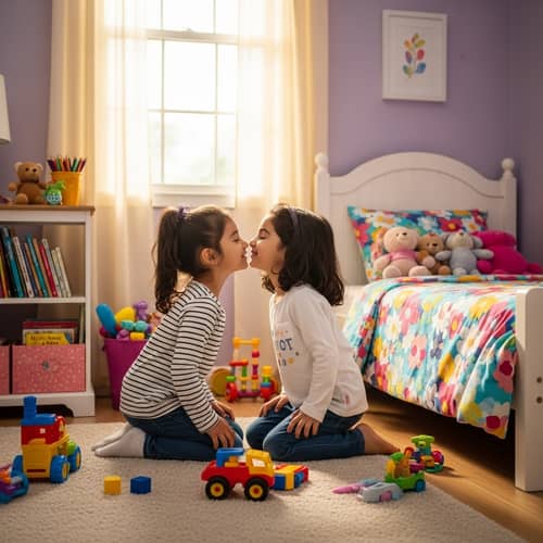 Tender Moment: Hispanic and Middle-Eastern Little Girls Sharing a Kiss in Colorful Bedroom
