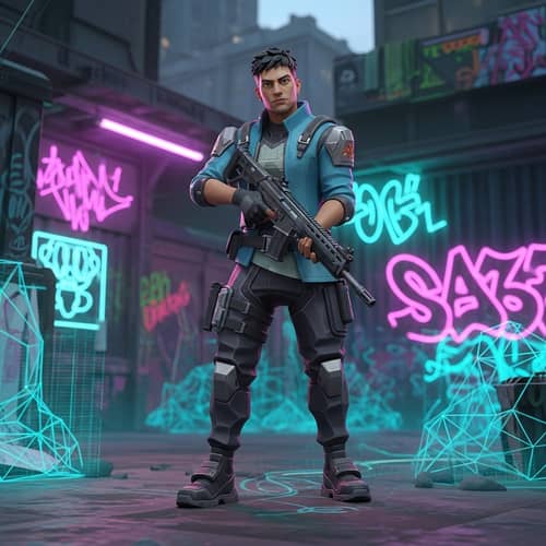 3D 4K Valorant-Inspired Hispanic Male Character with Futuristic Weapons and Armor