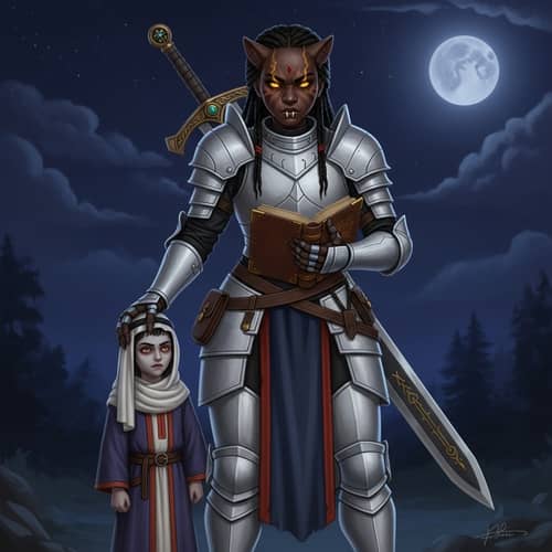 Teenage Black Warrior Girl in White Armor with Vampire Child
