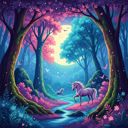 Mystical Forest with Unicorn in Moonlight | Enchanting Fantasy Scene
