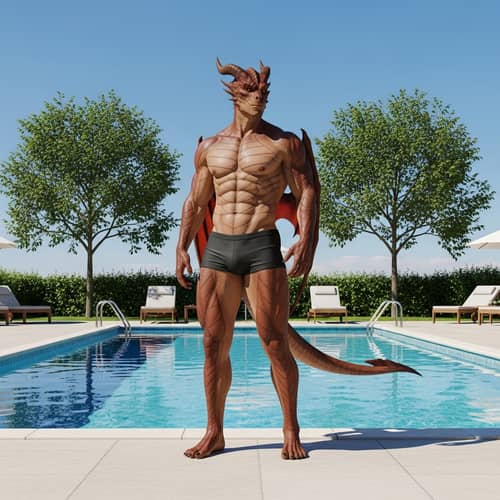 Male Dragon Demi-Human in Swimming Trunks by Pool Outdoors