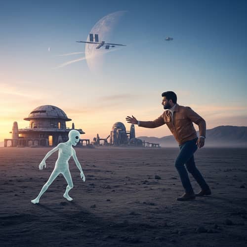 Futuristic South Asian Man Capturing Translucent Creature on Desolate Plain