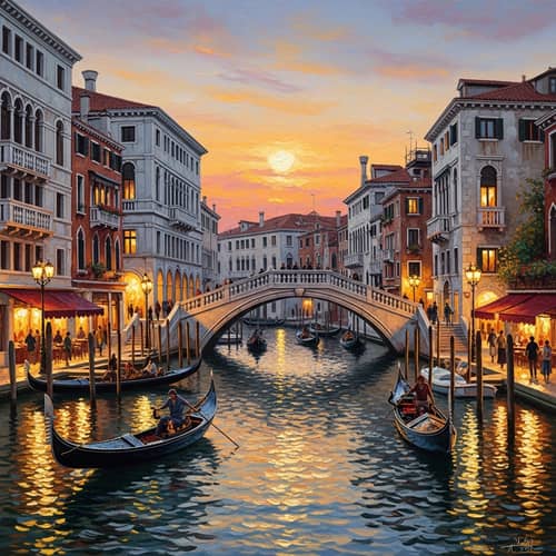 Venice Canals Sunset Oil Painting