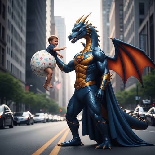 Dragon Superhero and Excited Child | Unique Street Scene