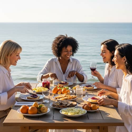 Serene Scene of Diverse Women Enjoying a Meal by the Sea