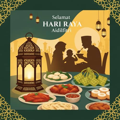 Warm Hari Raya Greeting Poster with Glowing Lantern & Family Silhouette