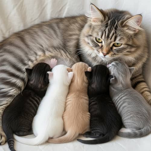 British Long Hair Kittens Nursed by Multi-color Mother Cat