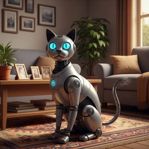 Robot Cat Living Room Scene: Futuristic Contrasts
