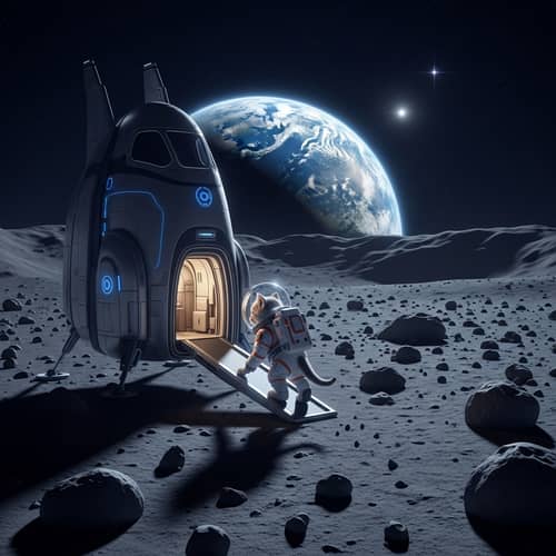 Beautiful Lunar Landscape with Spaceship Landing and Kitten in Spacesuit