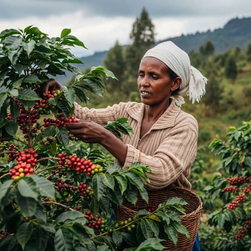 Ethiopian Woman Coffee Farmer Harvesting in Lush Landscape
