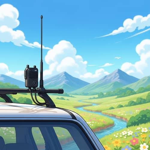 CB Radio Antenna Car in Scenic Meadow Landscape