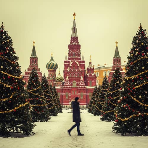 Enchanting Snowy Fairytale: Historic Red Building Amidst Christmas Trees