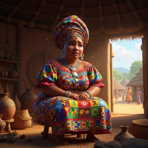 Sorrowful African Princess Crying in Traditional Village Hut