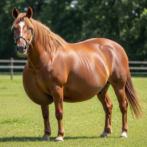 Robust Horse with Enlarged Belly in Green Pasture