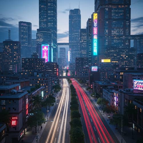 Futuristic Cyberpunk Cityscape at Dusk | Neon Lights & Skyscrapers