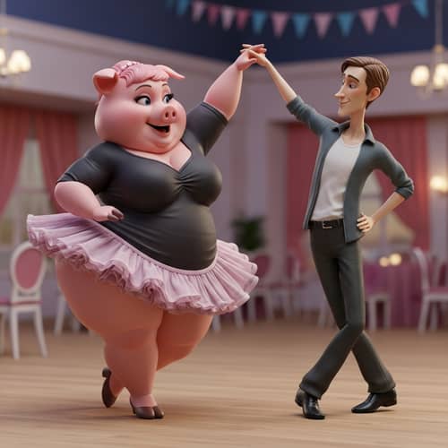 Cheerful Dancing Scene: Plump Pig Dances with Slender Man