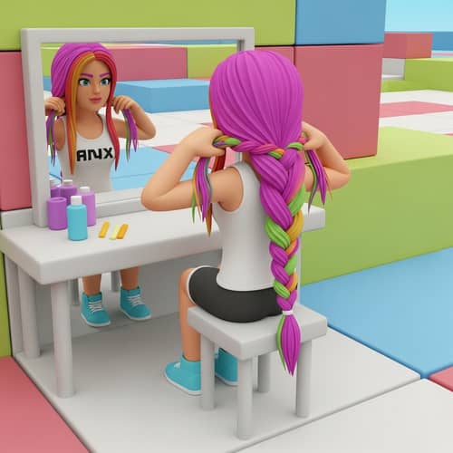 Roblox Woman Braiding Her Hair: Colorful Avatar in Virtual World