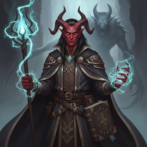 Male Tiefling Warlock | Dark Red Skin, Intricate Robes & Magical Staff