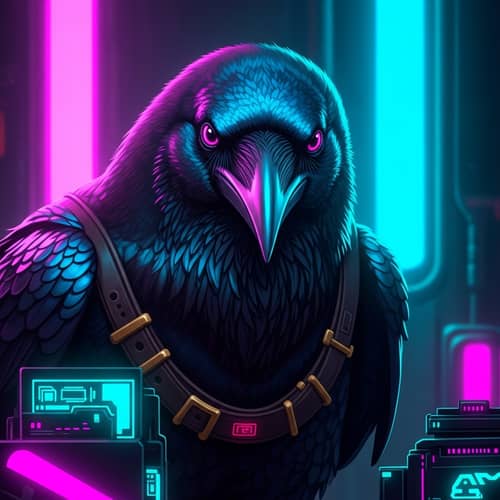 Skilled Raven Cyberpunk Art: Neon Lit Mystery in Futuristic Setting
