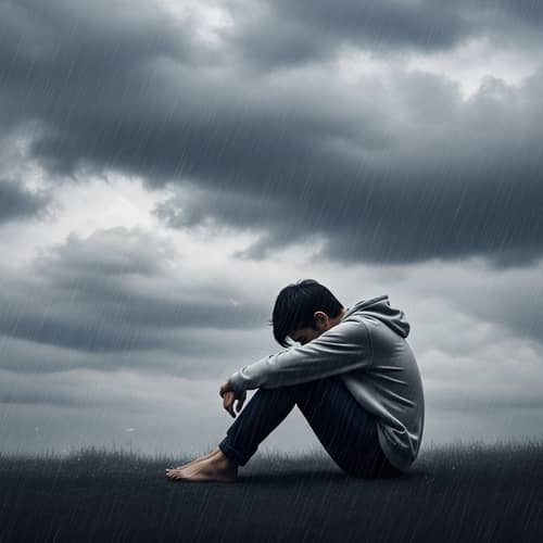 Lost in Emotional Struggle: Seated Figure Amidst Stormy Environment