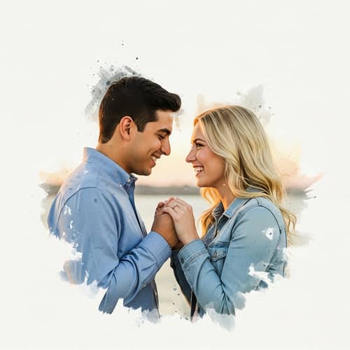 Romantic Watercolor Painting of Happy Multicultural Couple