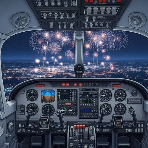 Cessna Airplane Cockpit with New Year's Eve Firework Display