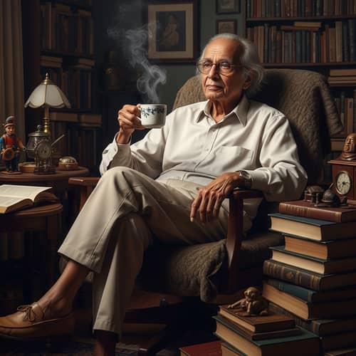 Wise South Asian Elder Enjoying Tea amidst Books and Curios
