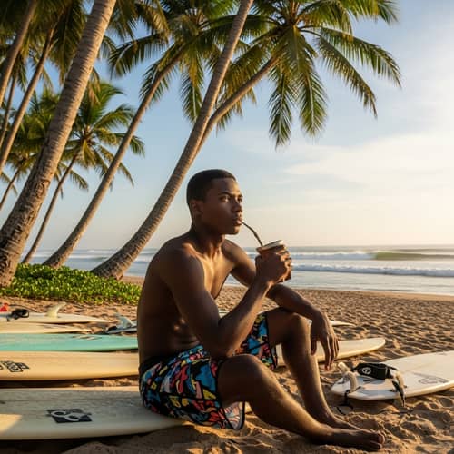 Relaxing Yerba Mate Moment: African Male Surfer on Sandy Beach