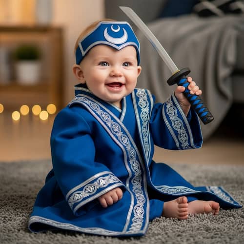 Adorable Baby Cosplay as Heroic Stylish Character with Toy Katana