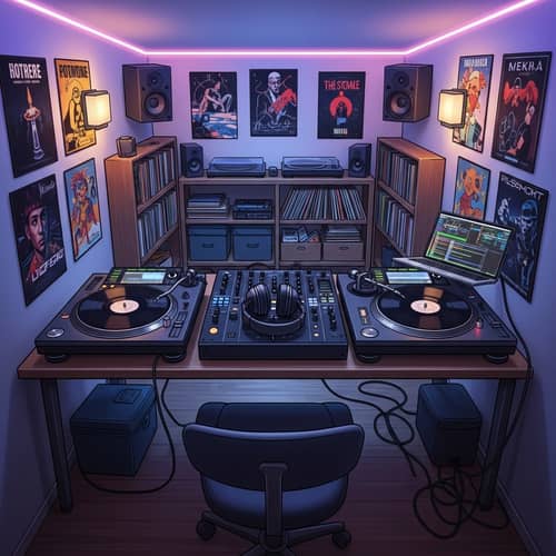 Simple DJ Studio Interior | Vinyl Records, Mixer, Turntables