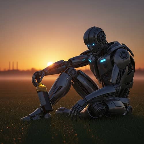 Melancholic Transformer-Like Character Enjoying Wine on Grassy Field