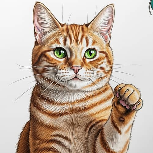 Detailed Sketch of Ginger Cat with Green Eyes and Fluffy Fur