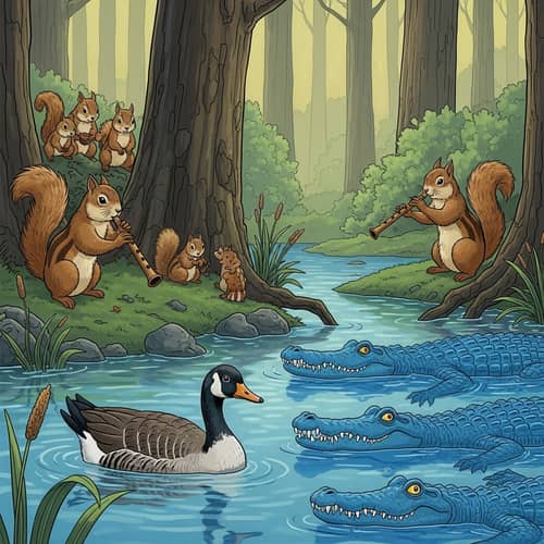 Enchanting Forest Vista: Squirrel Melodies and Azure Lagoon