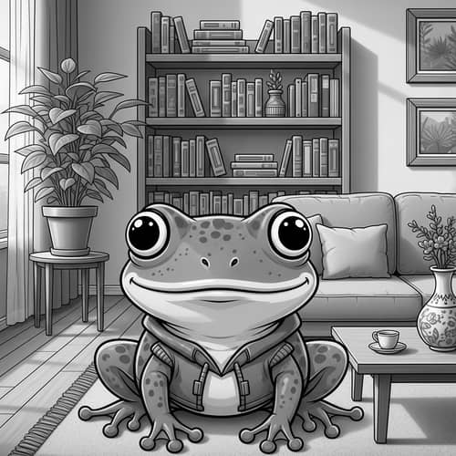 Adorable Frog in Charming Living Room - Grayscale Image